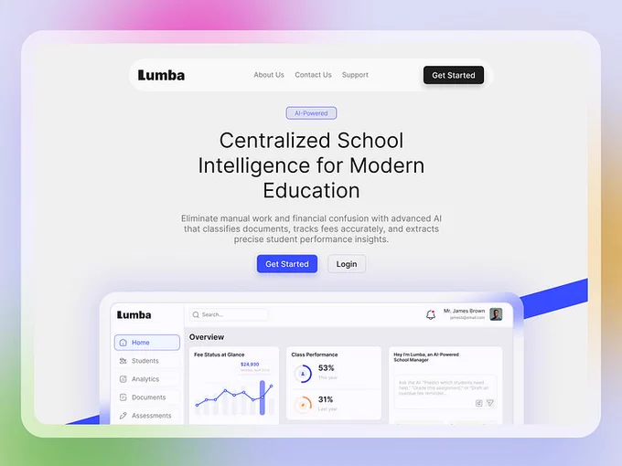 AI-powered school management landing page with a clean dashboard showing student analytics, fee tracking, and performance insights.