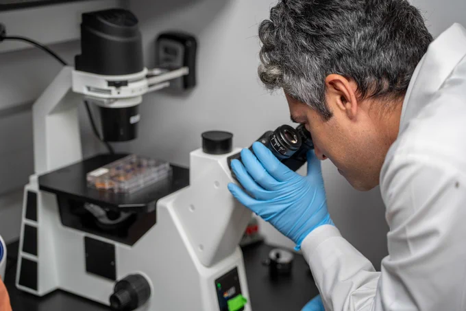 A scientist in a lab coat and blue gloves examines a sample under a microscope. The microscope is placed on a work surface, with a slide holder visible. The environment suggests a research setting focused on biological or chemical analysis.