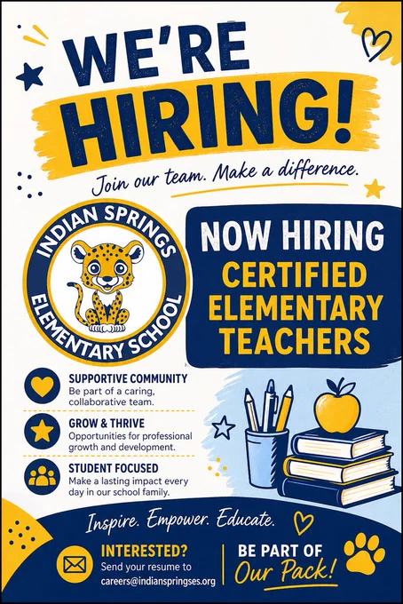 Indian Springs is now accepting applications for  certified elementary teachers for the 26-27 school year. Please send resume to jbranch1@mcpss.com