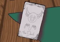 A pointy star like hand because I can't draw hands yet, holding a Devil tarot card. The Devil has drips from his horns and is holding drippy slime in his talons.