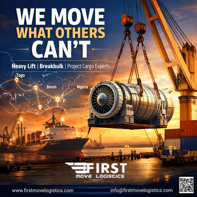 We move what others can’t. 🚢⚙️🌍

When it comes to heavy lift, breakbulk, and complex project cargo, First Move Logistics delivers expertise you can trust.
From Togo to Benin and Nigeria, we handle oversized and specialized shipments with precision, safety, and efficiency.

No cargo is too complex — we make the impossible move.

🌐 Connect with us
🌍 www.firstmovelogistics.com

📧 info@firstmovelogistics.com

🔗 Our Social Handles

First Move Logistics
Facebook : https://www.facebook.com/firstmovelogistics

Instagram : https://www.instagram.com/firstmovelogistics

LinkedIn : www.linkedin.com/company/first-move-logistics

Twitter/X : https://x.com/FirstMoveLog

YouTube : https://youtube.com/@firstmovelogisticsfml?si=P-EHSC7J_T-mqxfr

FML Trading
Facebook : https://www.facebook.com/fmltradingsa

Instagram : https://www.instagram.com/fmltradingsa?igsh=eDF3b3FmbHczYjU0

LinkedIn : www.linkedin.com/in/mrsulomaohajiudu

Twitter/X : https://x.com/fml_trading1

