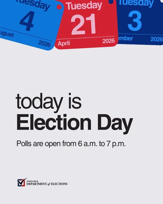 Calendar dates highlight Tuesday, April 21, 2026, with text announcing Election Day and polling hours from 6 a.m. to 7 p.m.
