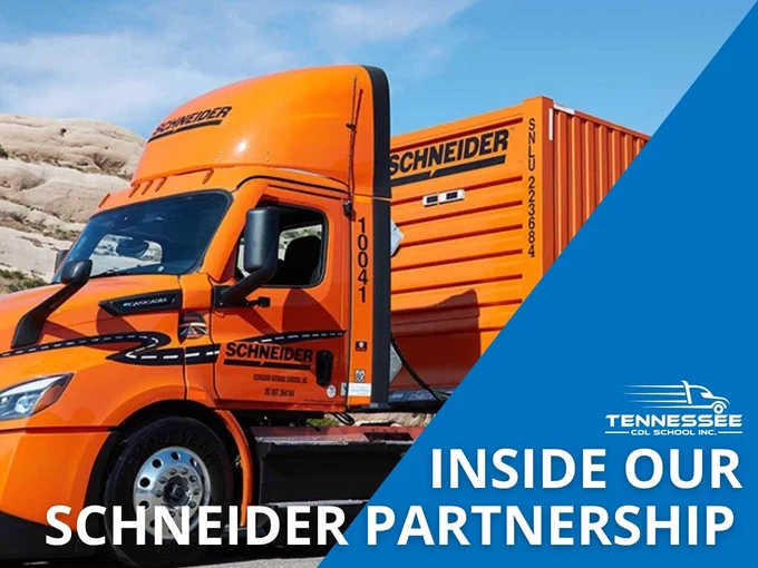 Bright orange Schneider semi-truck parked outdoors with rocky hills in the background under a clear blue sky with text that reads "inside our Schneider Partnership." 
