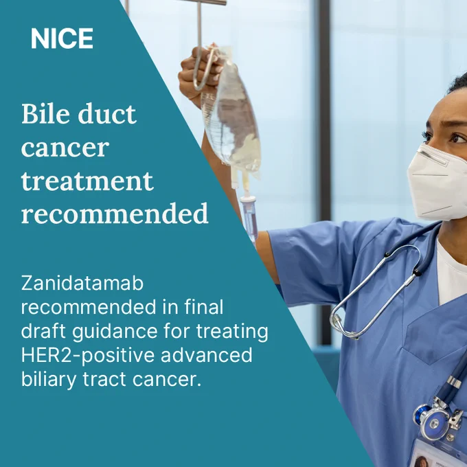 Health and care professional looking at IV drip. Overlaid text reads: Bile duct cancer treatment recommended - zanidatamab recommended in final draft guidance for treating HER2-positive advanced biliary tract cancer.
