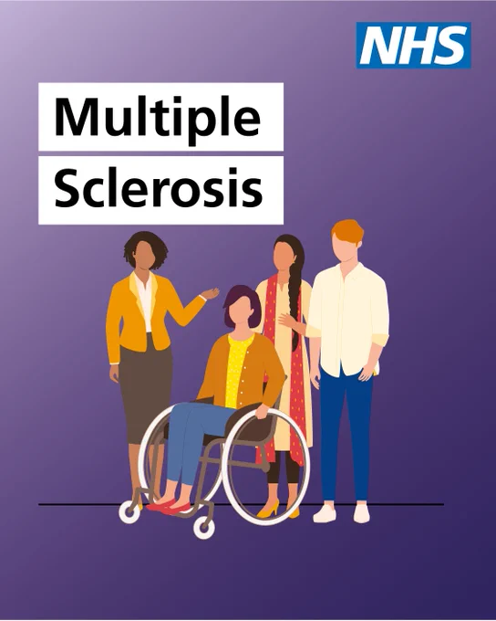 Copy reads: Multiple Sclerosis. Illustration on an purple background of diverse individuals, including a female wheelchair user, a man standing casually, a woman gesturing and a woman wearing a scarf . The NHS logo is in the top right-hand corner.