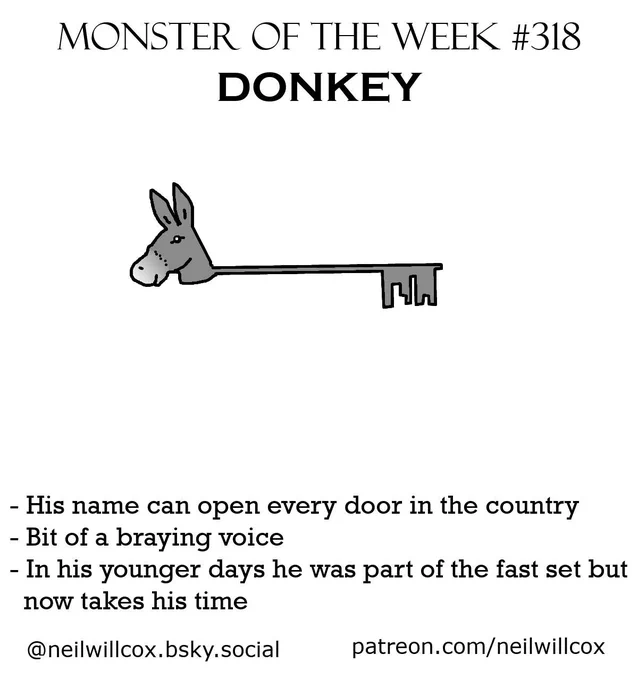 A key with a donkey's head at one end and a square but jagged looking bit at the other
