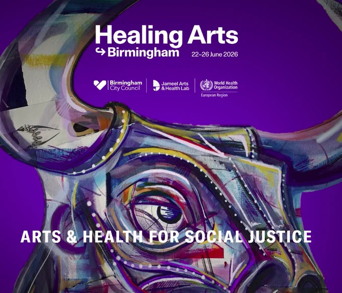 Promotional image for Healing Arts Birmingham, 22–26 June 2026. A vivid purple background is overlaid with an expressive, abstract painted bull’s head in layered brushstrokes. White text reads ‘Healing Arts Birmingham’ and ‘Arts & Health for Social Justice’. Logos for Birmingham City Council, Jameel Arts & Health Lab, and the World Health Organization European Region appear beneath the event title