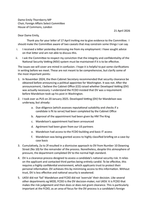 Screenshot of a letter dated 21 April 2026 from Oliver Robbins to Dame Emily Thornberry.