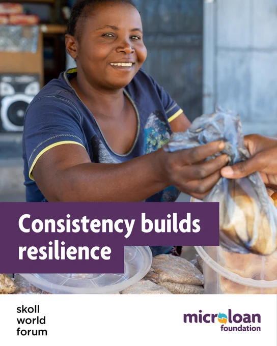 The image shows an African woman smiling at the camera as she hands bread rolls to a customer at the market stall she runs with support from MicroLoan Foundation. A white headline on a purple background says ‘Consistency builds resilience’ which is a key point from discussions at the Skoll World Forum. The logo for the forum is in the bottom left corner of the graphic, in the bottom right is the MicroLoan Foundation logo.