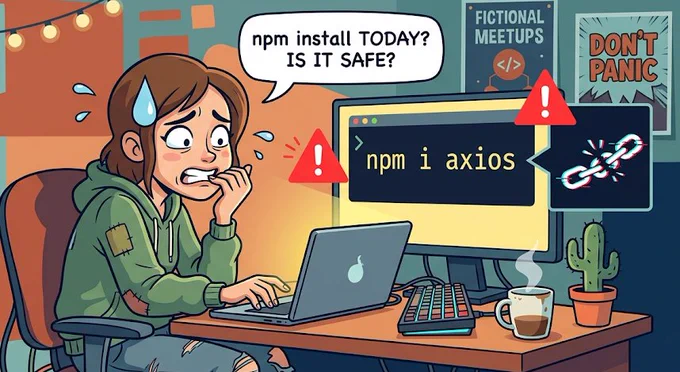 Illustration of a stressed developer sitting at a desk, nervously using a laptop while sweating and biting their nails. On the screen, a terminal shows “npm i axios” with warning symbols and a broken chain icon, suggesting a security issue. A speech bubble reads “npm install TODAY? IS IT SAFE?” highlighting concerns about recent supply chain attacks in the JavaScript ecosystem.
