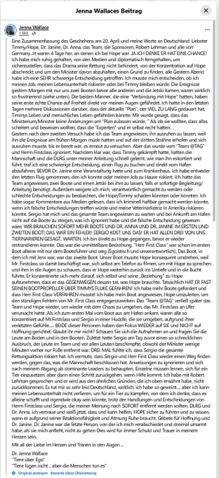 Statement von Dr. Jenna Wallace  
Facebook,  21. April 2026, 09:42
deutsche facebook-Übersetzung des Original-Post in englischer Sprache