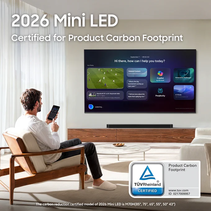 A stylish artwork is displayed on a Samsung Mini LED TV. The image shows '2026 Mini LED Certified for Product Carbon Footprint' text in the top left corner, while simultaneously featuring the Product Carbon Footprint certification from TÜV Rheinland.