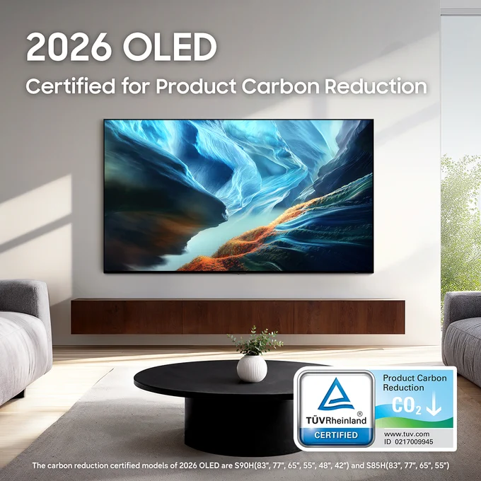 A stylish artwork is displayed on a certified carbon-reduced Samsung TV. The image shows '2026 OLED Certified for Product Carbon Reduction' text in the top left corner, while simultaneously featuring the Product Carbon Reduction certification from TÜV Rheinland.