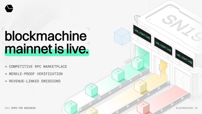 blockmachine mainnet launch graphic. Isometric factory illustration with conveyor belt routing blocks through validation bays. Feature lines: Competitive RPC Marketplace, Merkle-Proof Verification, Revenue-Linked Emissions. Bottom left reads "Open for Business."