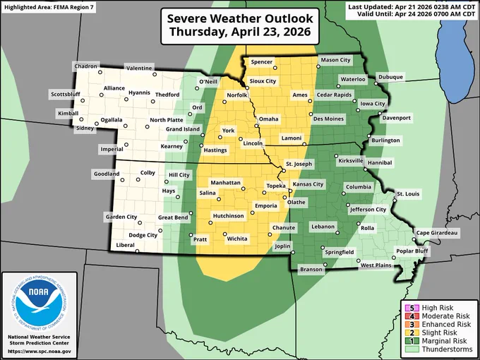 Severe Weather Outlook for Thursday, April 23, 2026, highlighting FEMA Region 7. A slight risk area (yellow) extends from south-central Nebraska through eastern Nebraska and much of Kansas, including cities such as Hastings, Lincoln, York, Salina, Hutchinson, Wichita, and Manhattan. Surrounding this, a marginal risk area (dark green) covers a broader region from western Nebraska and Kansas into western Iowa and much of Missouri, including Omaha, Sioux City, Des Moines, Kansas City, Columbia, and Springfield. General thunderstorms (light green) extend farther outward across the central Plains and Midwest. NOAA/NWS Storm Prediction Center branding is shown.