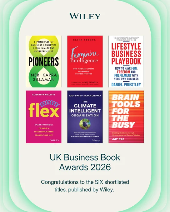 Six Wiley-published business books shortlisted for the UK Business Book Awards 2026 displayed in two rows.