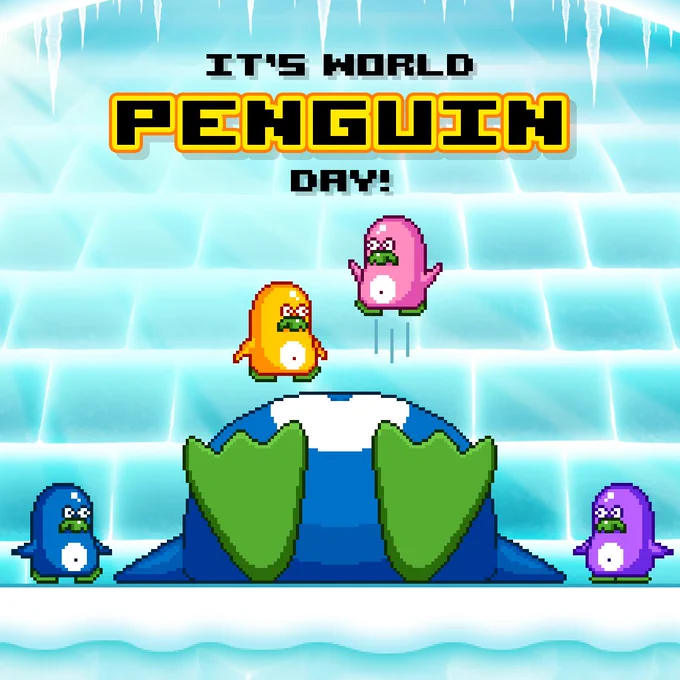 "It's world penguin day!"
The image shows two Pinkus jumping around on Pinkubaba in his igloo, including some more Pinkus standing around them.