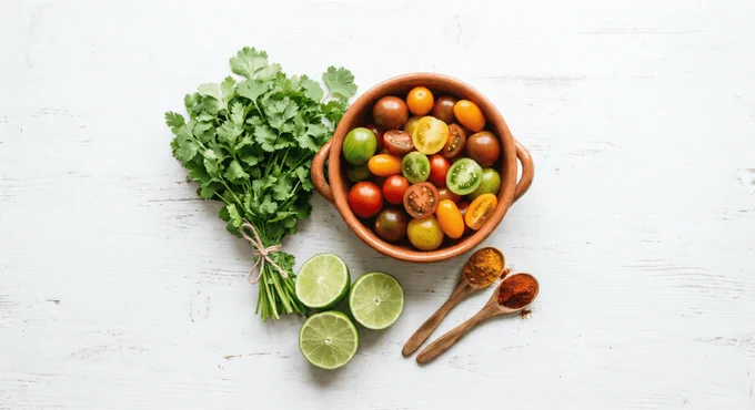 Fresh ingredients on a white wooden table: a bunch of cilantro, lime halves, a rustic terracotta bowl of colorful heirloom tomatoes, and wooden spoons with turmeric and smoked paprika. Bright, natural lighting highlights the lush greens and earthy tones.