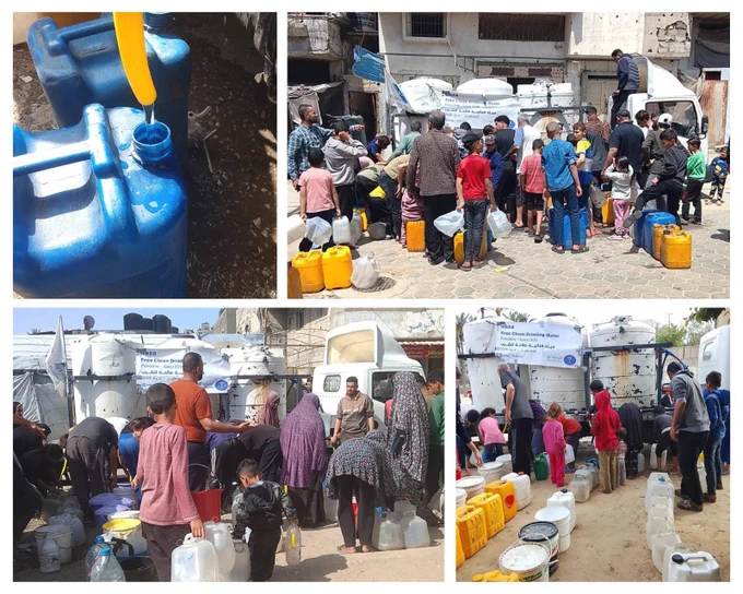 Water cans being filled by people in Ga za as Humanity First volunteers distribute on a daily basis.