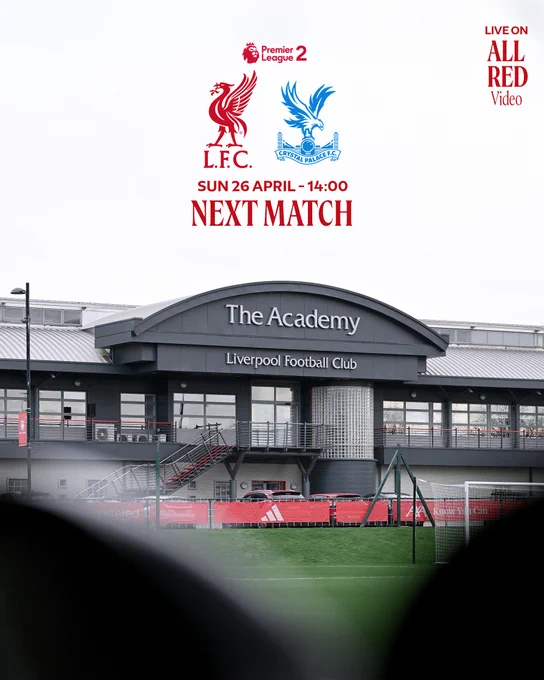 Next match graphic for Liverpool U21s vs Crystal Palace U21s in the Premier League 2 play-offs.

The one-legged fixture will take place on Sunday 26th April 2026, 14:00 BST kick-off at Kirkby Academy.