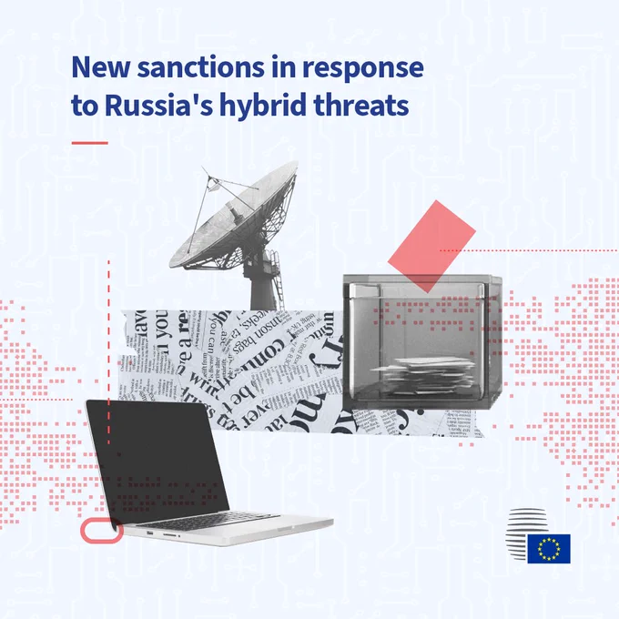 Collage including an antenna, a ballot box and a laptop. The text on the visual reads 'New sanctions in response to Russia's hybrid threats'.