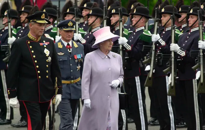 Her Late Majesty Queen Elizabeth II with King Harald V during her State Visit to Norway in 2001