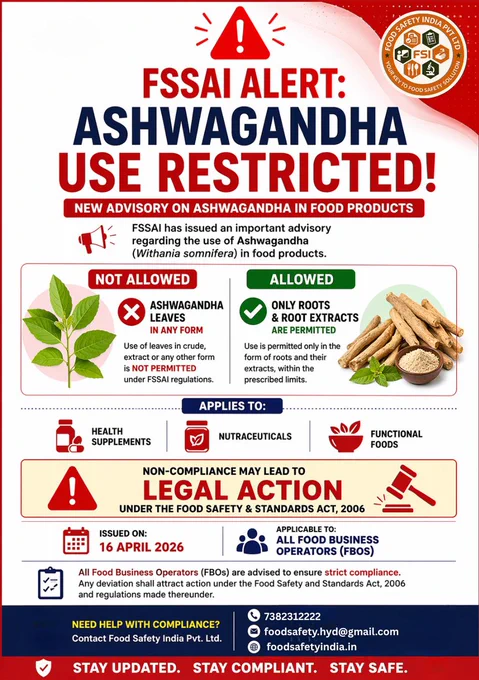 The Food Safety and Standards Authority of India has issued a critical advisory on Ashwagandha use in food products.

🚫 Leaves – NOT ALLOWED in any form
✅ Only roots & root extracts – PERMITTED (within limits)

This applies to:
✔️ Health Supplements
✔️ Nutraceuticals
✔️ Functional Foods

⚠️ Non-compliance can lead to legal action under the Food Safety & Standards Act, 2006.

👉 If you are a Food Business Operator (FBO), ensure strict compliance to avoid penalties.