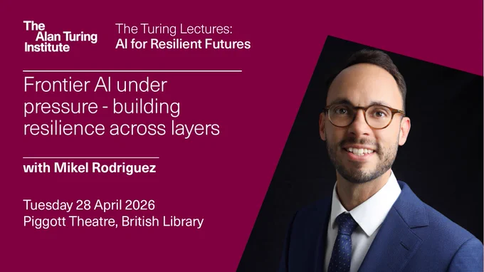 Promotional graphic for the Alan Turing Institute’s Turing Lectures titled “AI for Resilient Futures.” The talk, “Frontier AI under pressure – building resilience across layers,” is presented by Mikel Rodriguez. Event details: Tuesday 28 April 2026 at the Pigott Theatre, British Library. The design features a dark pink background with white text on the left and a professional headshot of Mikel in a suit on the right.