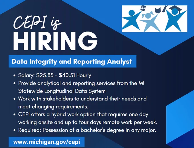 Graphic with CEPI logo that reads: CEPI is hiring. Data Integrity and Reporting Analyst. Salary: $25.85- $40.51 Hourly Provide analytical and reporting services from the MI Statewide Longitudinal Data System Work with stakeholders to understand their needs and meet changing requirements. CEPI offers α hybrid work option that requires one day working onsite and up to four days remote work per week. Required: Possession of α bachelor's degree in any major. www.michigan.gov/cepi