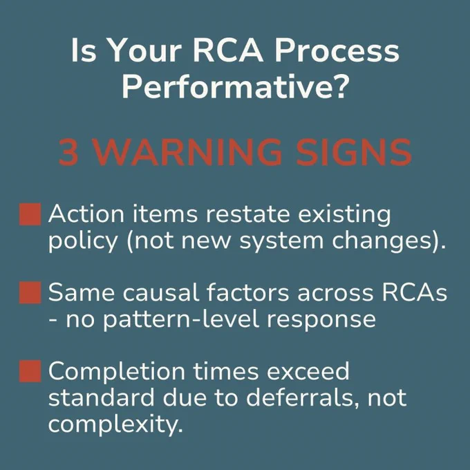 Teal background graphic with the headline “Is Your RCA Process Performative?” followed by “3 Warning Signs” in red text. Three bullet points list: “Action items restate existing policy (not new system changes),” “Same causal factors across RCAs – no pattern-level response,” and “Completion times exceed standard due to deferrals, not complexity.” Red square icons appear next to each bullet point.