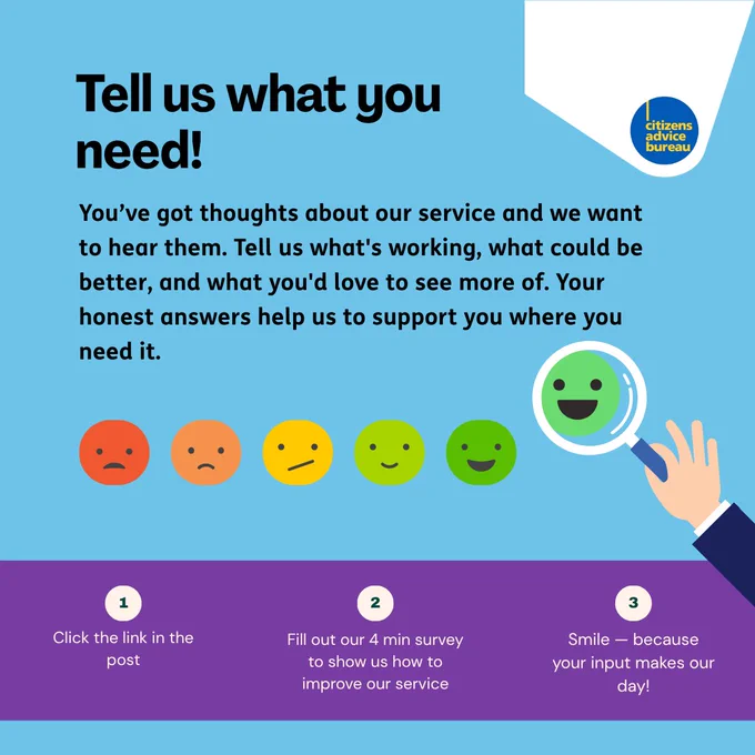 Different coloured emoticons on a blue background. Hamilton Citizens Advice is asking for feedback on its services.