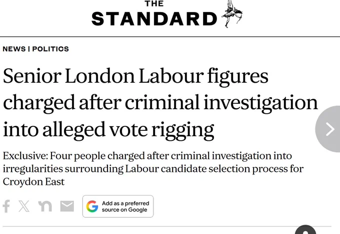 Standard headline: Senior London labour figures charged after criminal investigation into alleged vote rigging