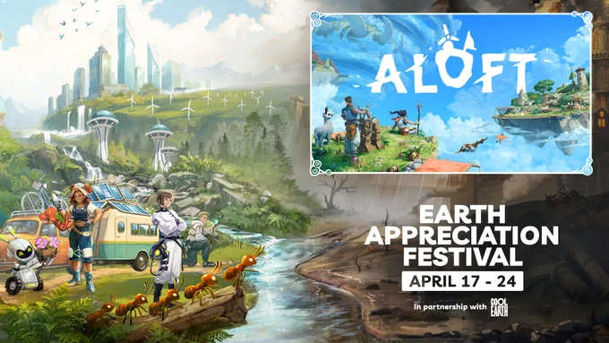 Graphic design image of ALOFT. Text reads Earth Appreciation Festival April 17-24 in partnership with Cool Earth