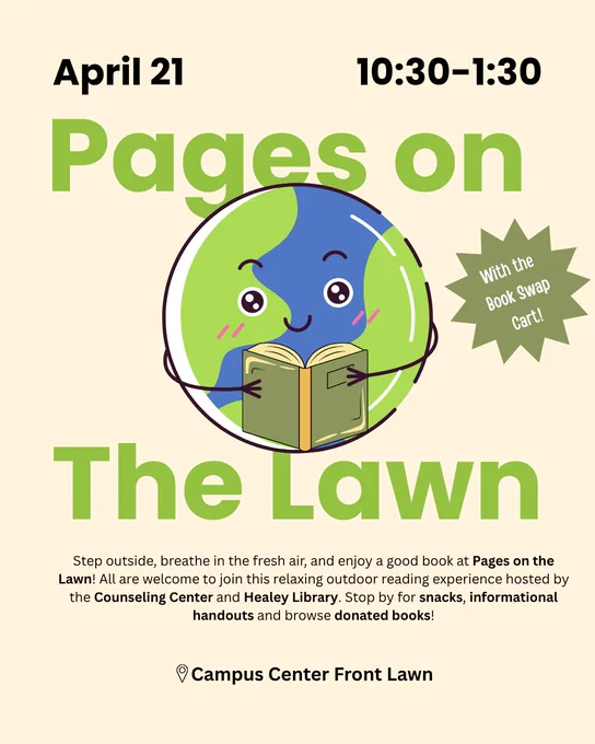 Image of planet earth reading a book. Event is hosted by Healey Library and the Counseling Center.
