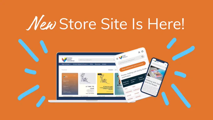 Announcement of new CSI online store site displayed across laptop, tablet, and smartphone on orange background.