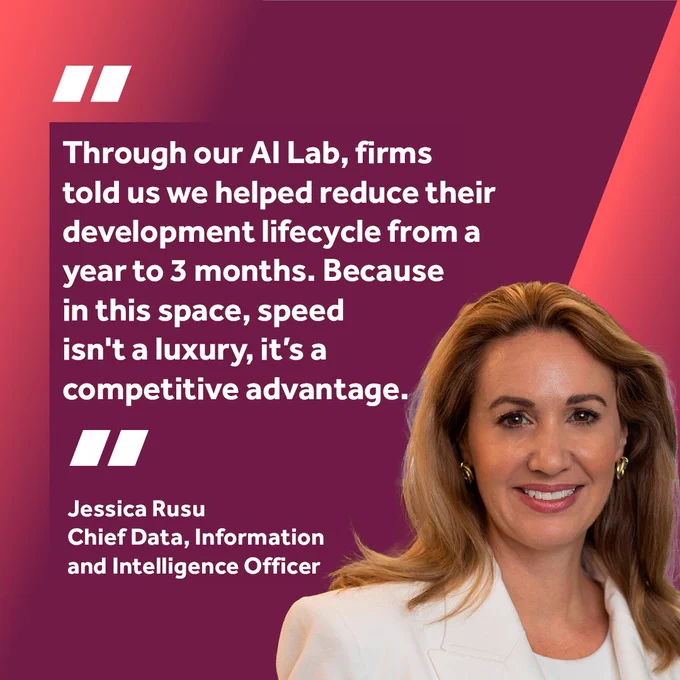 Maroon asset with white text in speech marks which reads: 'Through our AI Lab, firms told us we helped reduce their development lifecycle from a year to 3 months. Because in this space, speed is not a luxury, it is a competitive advantage.' Alongside a photograph of Jessica Rusu