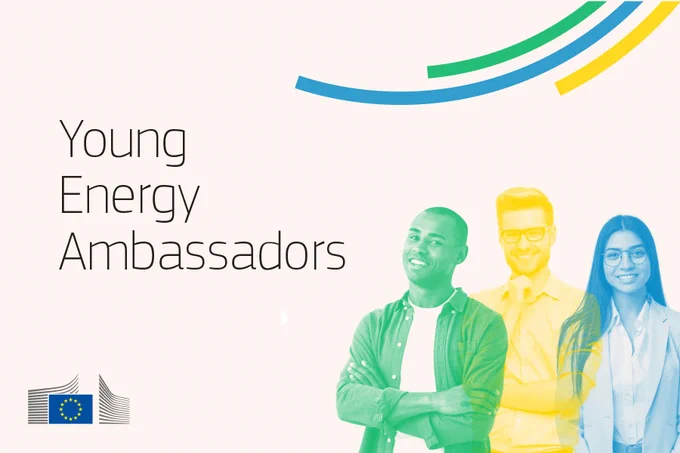 Young Energy Ambassadors. Visual identity with 3 profiles of young people in green, yellow and blue. 