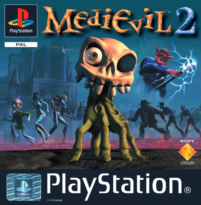 The PAL region cover art for MediEvil 2. Dan Hand appears at the centre. To the left of Dan-Hand are the Professor, Princess Kiya, and Sir Dan. Behind them is the cathedral. To the right of Dan-Hand is Lord Palethorn. Underneath Palethorn are a human Dogman and some zombies.