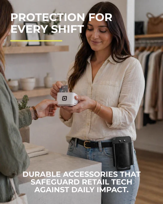 Retail store clerk processing a customer payment with a Square POS terminal while wearing an AgozTech leather holster case on her waist in a modern boutique checkout setting.
