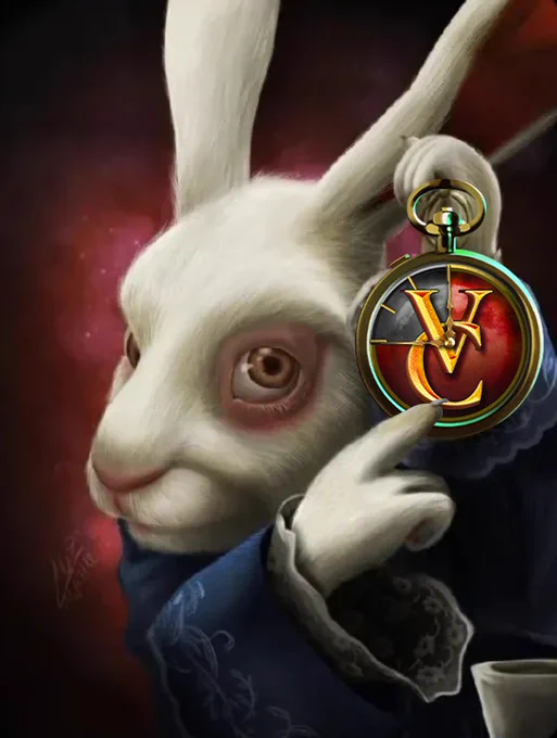 A piece of art of the white rabbit from Alice in Wonderland, pointing to a pocket watch that they are holding. On the pocket watch it Shows a clock face of Vampire Crawlers logo. The big hand is pointing at 12, and the smaller hand is pointing at 9.