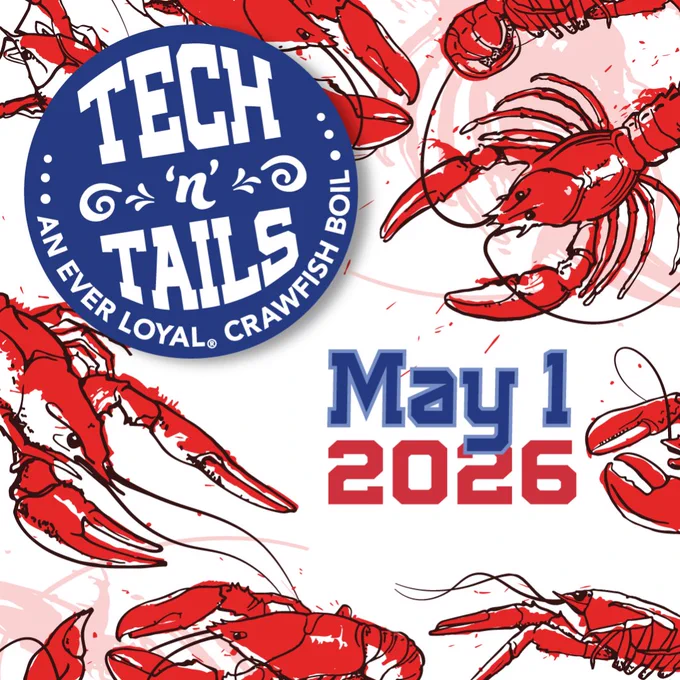Line drawings of crawfish on a white background with Tech 'N' Tails: An Ever Loyal Crawfish Boil in white text on a round, blue button in the left corner. The date of May 1, 2026 is located in the middle bottom of the graphic.