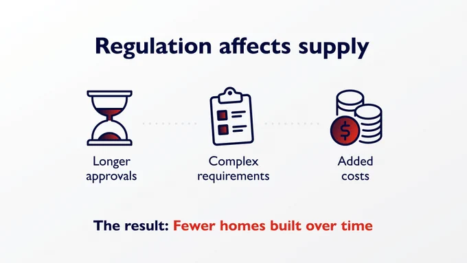 Graphic titled “Regulation affects supply.” Text lists longer approvals, complex requirements, and added costs, concluding that fewer homes are built over time.