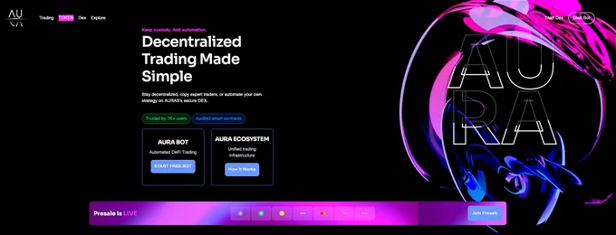 AURA webpage, showcasing pink, blue, purple main page.