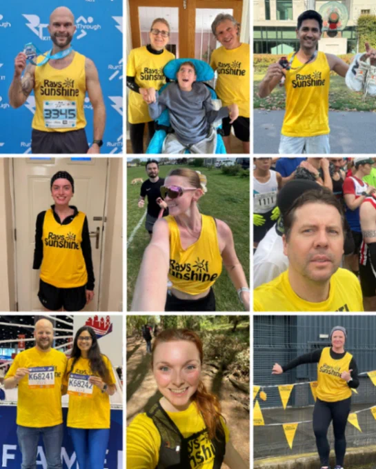Nine-photo collage of people in yellow 'Rays of Sunshine' shirts, runners with medals/bibs, and a child in a wheelchair.