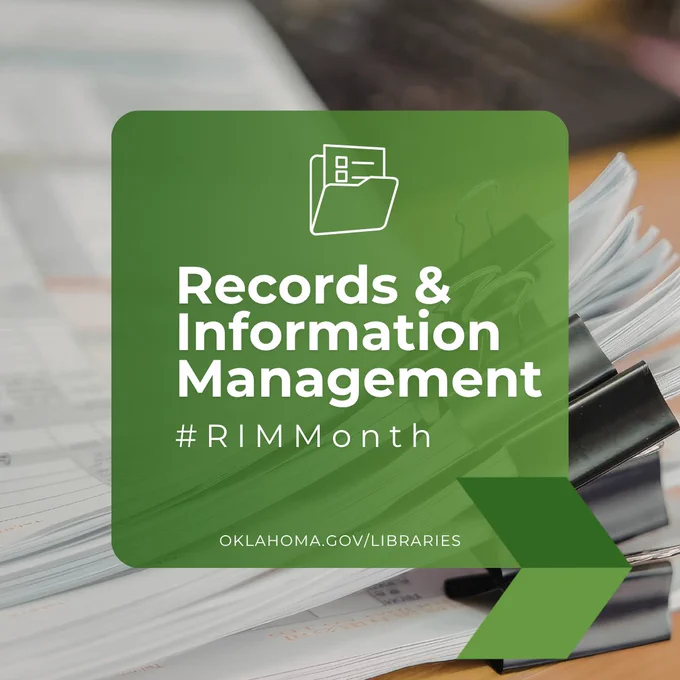 Stack of documents secured with binder clips on a desk with a green overlay reading Records and Information Management #RIMMonth and oklahoma.gov/libraries, with a folder icon above the text