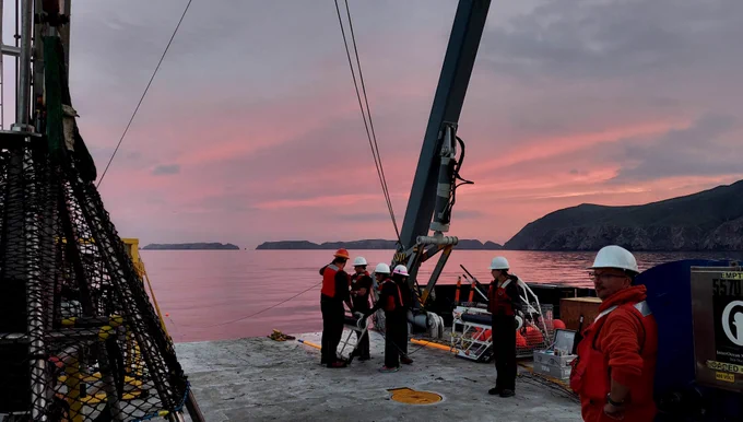 A group of people wearing safety gear stand on the deck of a research vessel with equipment, surrounded by a netted area. The sky displays pink hues, and distant hills are visible on the horizon.