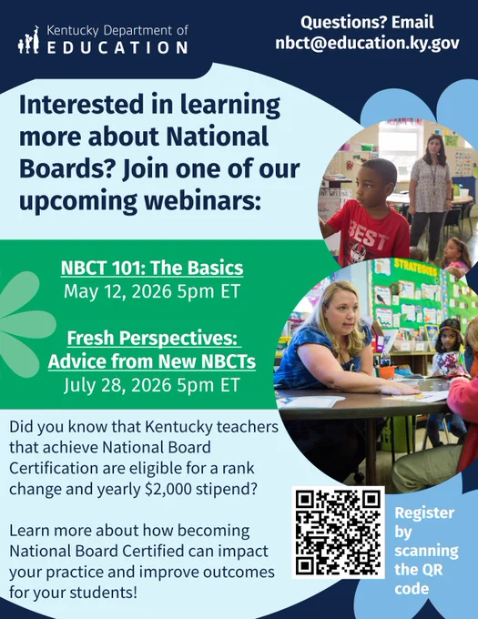 Call to action for interested candidates for National Board Certification webinars hosted by KDE.