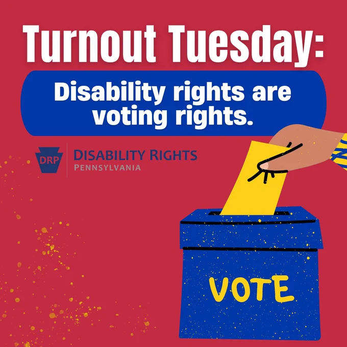 Image has a red background with white text, a blue text box below the title, a DRP logo in the center left, and a voting ballot box that is blue and yellow in the bottom right corner. 

Text: Turnout Tuesday: Disability rights are voting rights. 