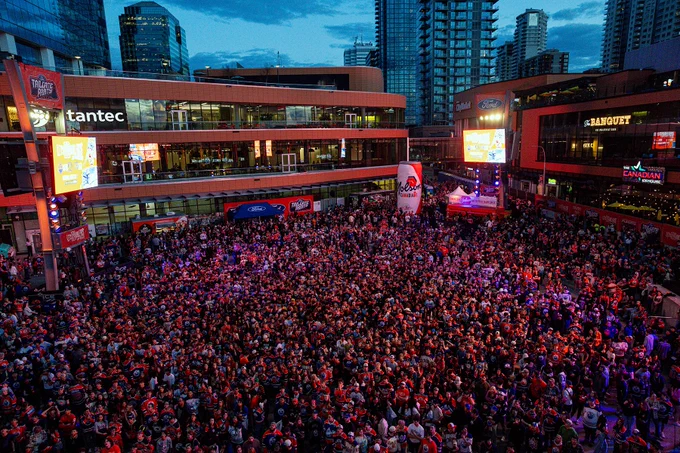 Aerial view of ICE District Plaza during Game 1 of the Oilers vs. Ducks playoff series