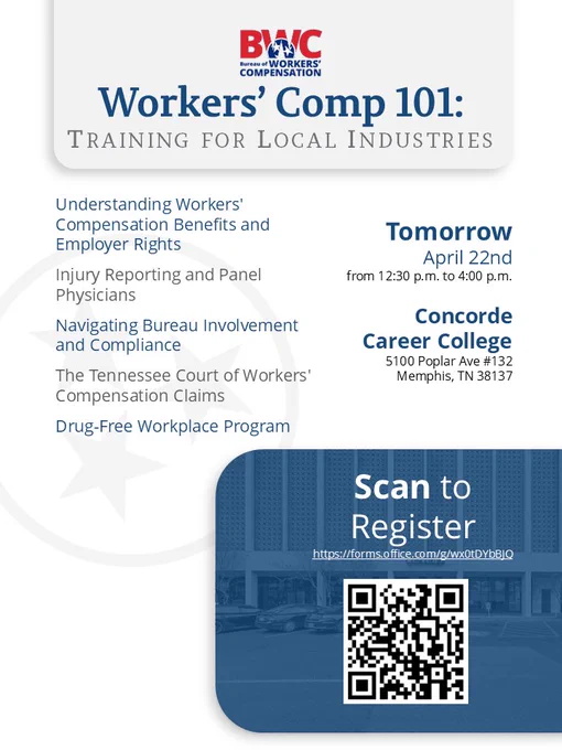 Event flyer for Workers' Comp 101 training in Memphis on April 22nd from 12:30–4:00 PM at Concorde Career College.